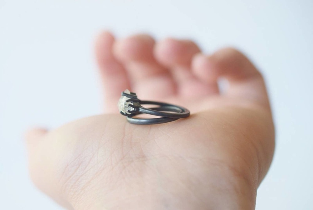 Wedding Set Oxidized or Bright Silver Ring Raw Stone Engagement Rings - Picture 2 of 10